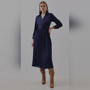 Karen Millen Navy BluebPleated Georgette Belted Woven Midi Dress Women's size 8
